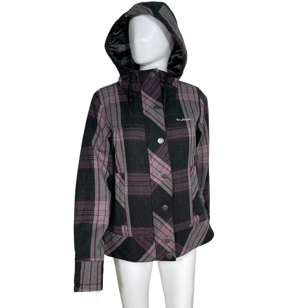 Columbia Womens M Large Plaid Hooded Jacket Gray berry Wool Blend Insulated Coat